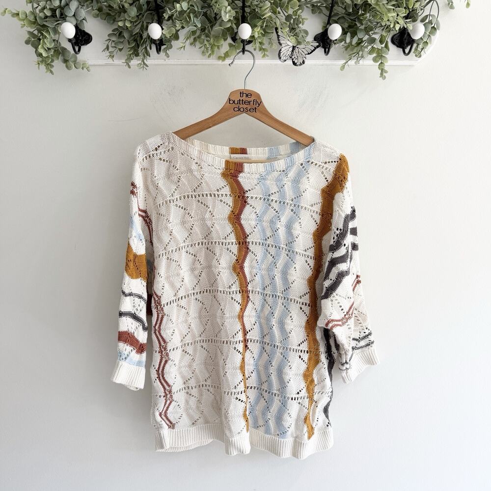 Garnet Hill Striped Crochet Open Knit 3/4 Sleeve Sweater Medium O5730